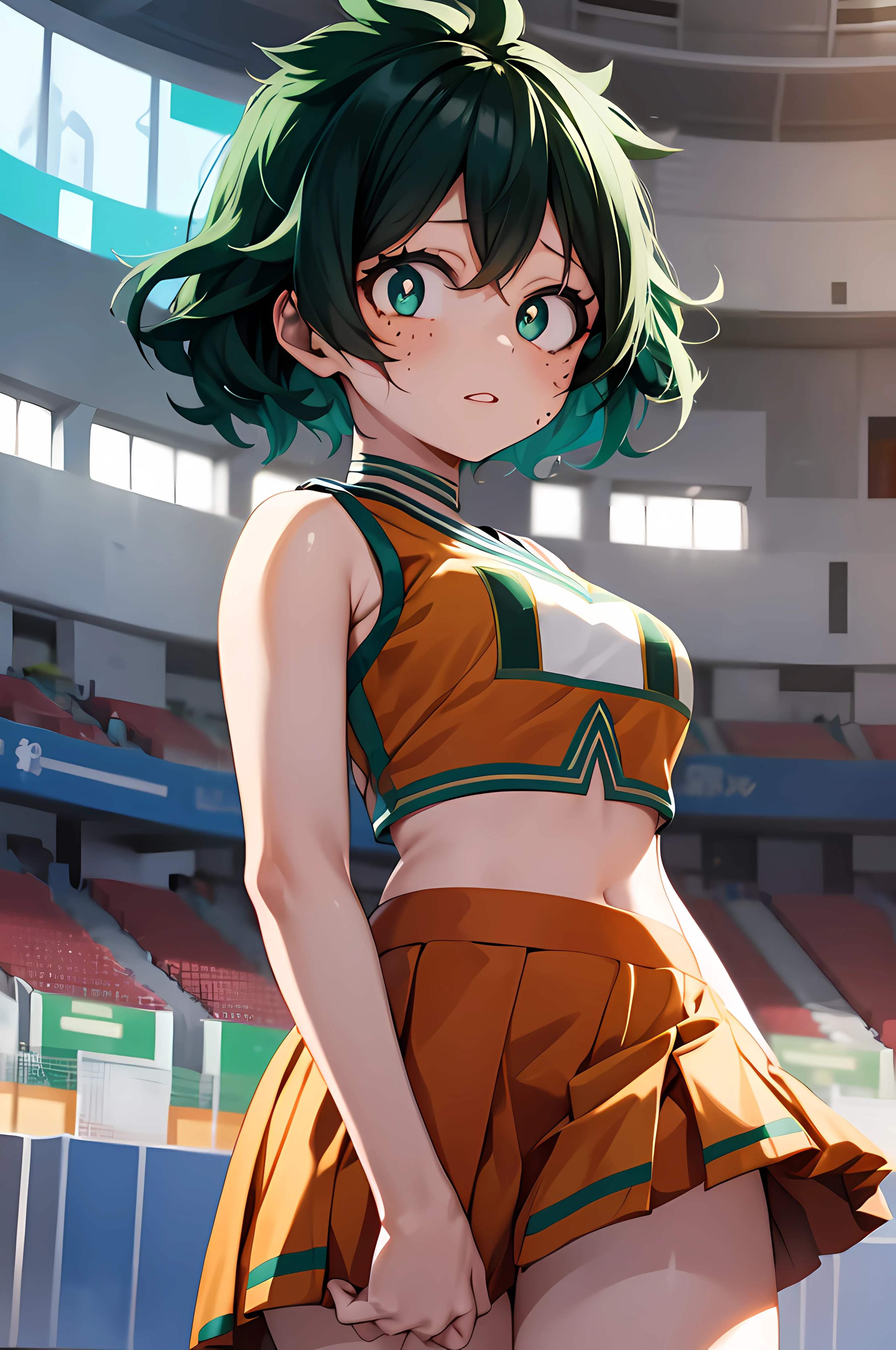 1 女の子, Izuku Midoriya 女の子, 女の子, ジェンダースワップ, で.あ. Cheerでniform, オレンジのクロップトップ, オレンジ色のスカート, 立っている, 視聴者を見て, 緊張した顔, 全身, スタジアムの背景, 緑の長い髪, 女性的な特徴, 女性的な体, 美しい目, 女性的な唇, 繊細な爪, 明るい照明, 映画照明