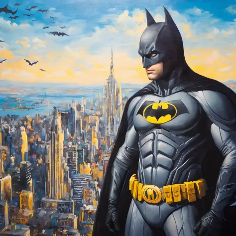 Batman em frente a uma pintura do horizonte de uma cidade, Retrato de Batman, Cidade de Gotham, inspirado em Joe Jusko, Retrato do Batman, Estilo Gotham City, Directed by: Joe Jusko, rob mcnaughton, inspirado em Ron English, Directed by: Thomas Dalziel, po...