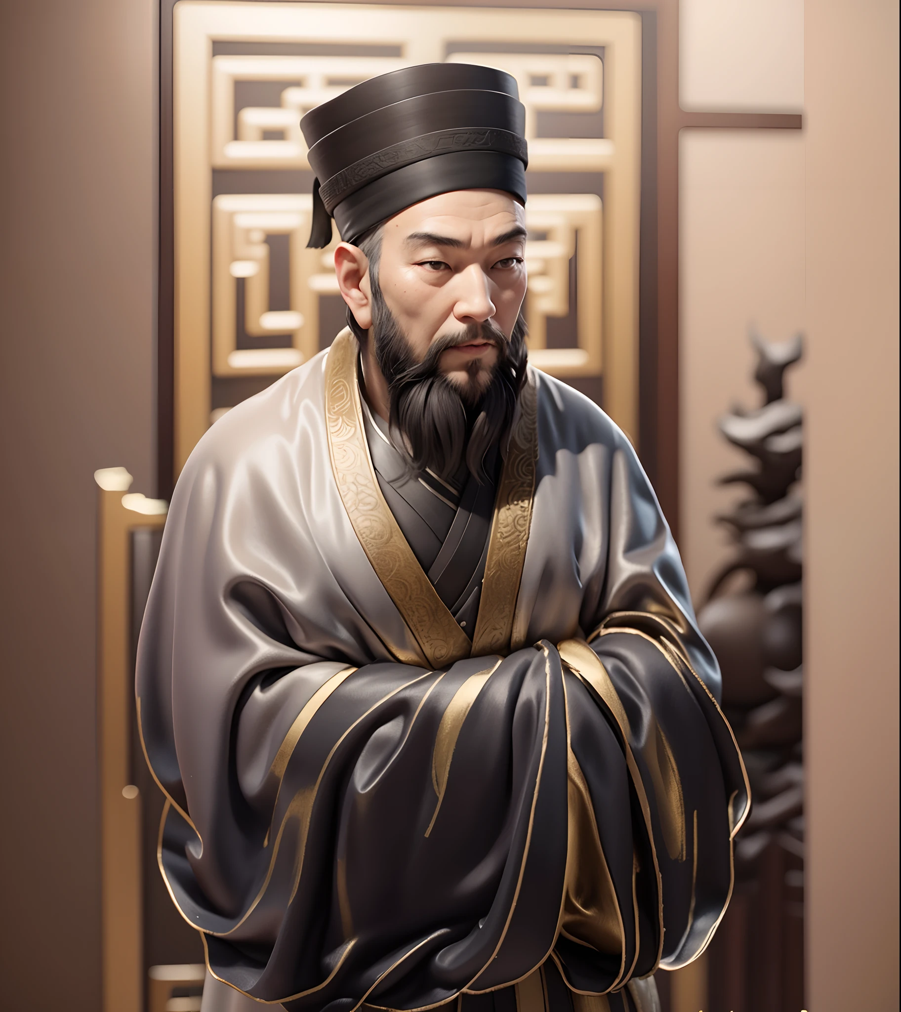 Painting of a man with a beard and a gray robe, Black-gray hat，by Emperor Huizong of Song, zhang daqian, feng shu, qi sheng luo, by Xuande Emperor, inspired by Zhang Shunzi, Yang Qi, style of guo hua, song nan li, hua cheng, yuan - ti, by Gu Kaizhi，3 d model，UE4 engine，Realistic PBR material,Canon 85 mm，