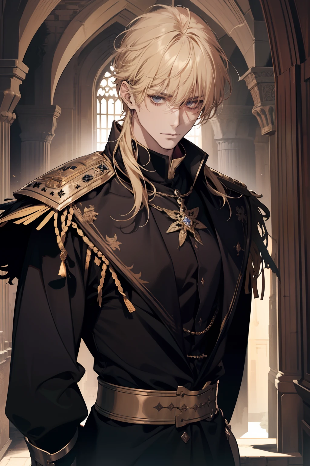 1 male, Adulto, messy blond hair with bangs, Príncipe, Ropa negra, elegante, Calma, Hermoso, condescendiente, cuerpo delgado, en un castillo, fantasía medieval