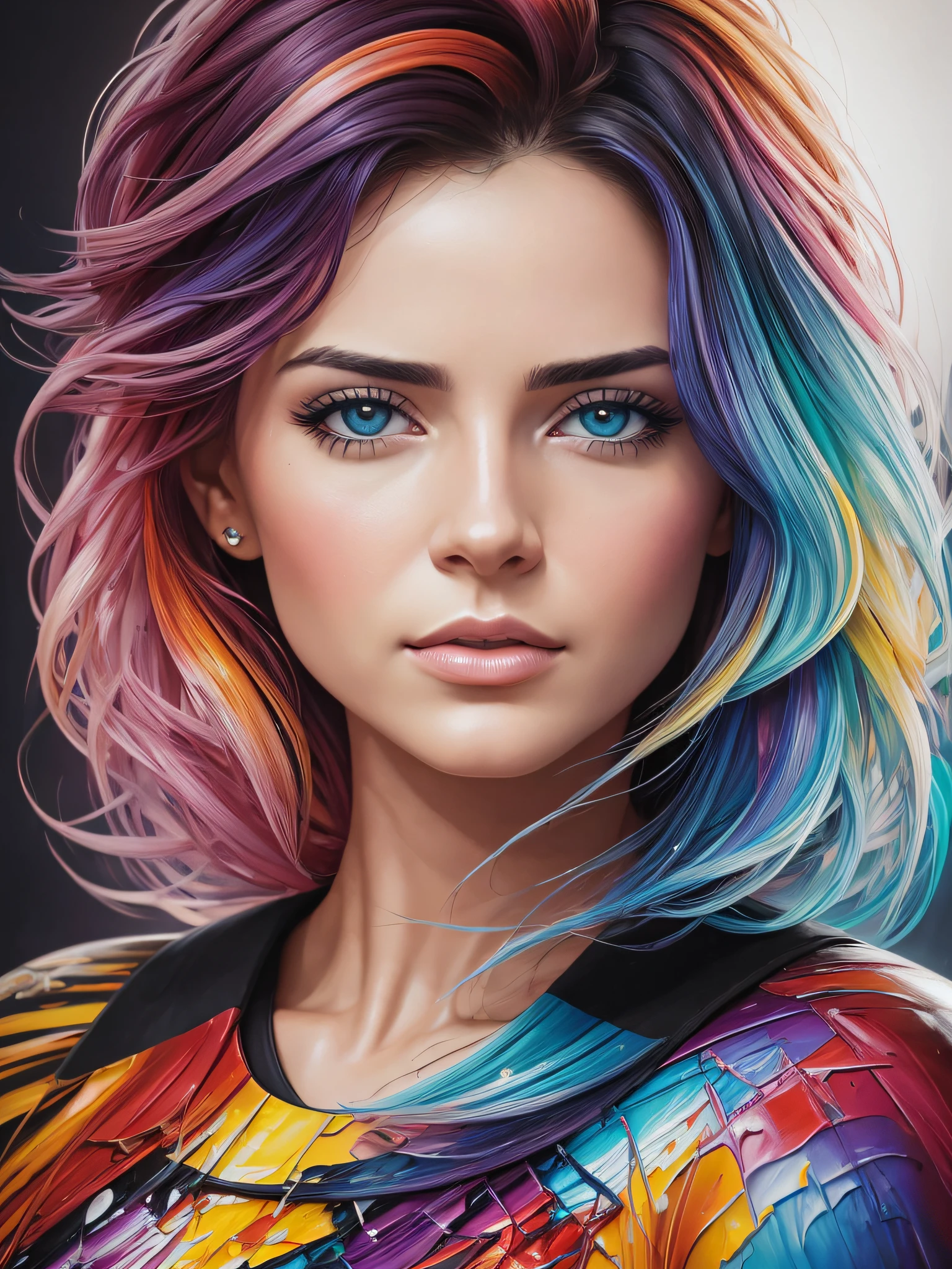 (master part), best quality, uma mulher com cabelos coloridos e fluidos coloridos, iridescente, realismo imaginativo, cores vibrantes hiper realismo, Beautiful acrylic fluid portrait, Arte de Alessandro Pautasso, hiper-realismo colorido, Arte colorida bonita!, gotejamento com cor, lindo arte digital, intricate and intense oil paint, Arte colorida, inspirado em Sandra Chevrier, cores realistas vibrantes. natural lighting, global ilumination, intrincado,incrivelmente detalhado,ultra realistic,Rastreamento de vray, DSLR, 8k