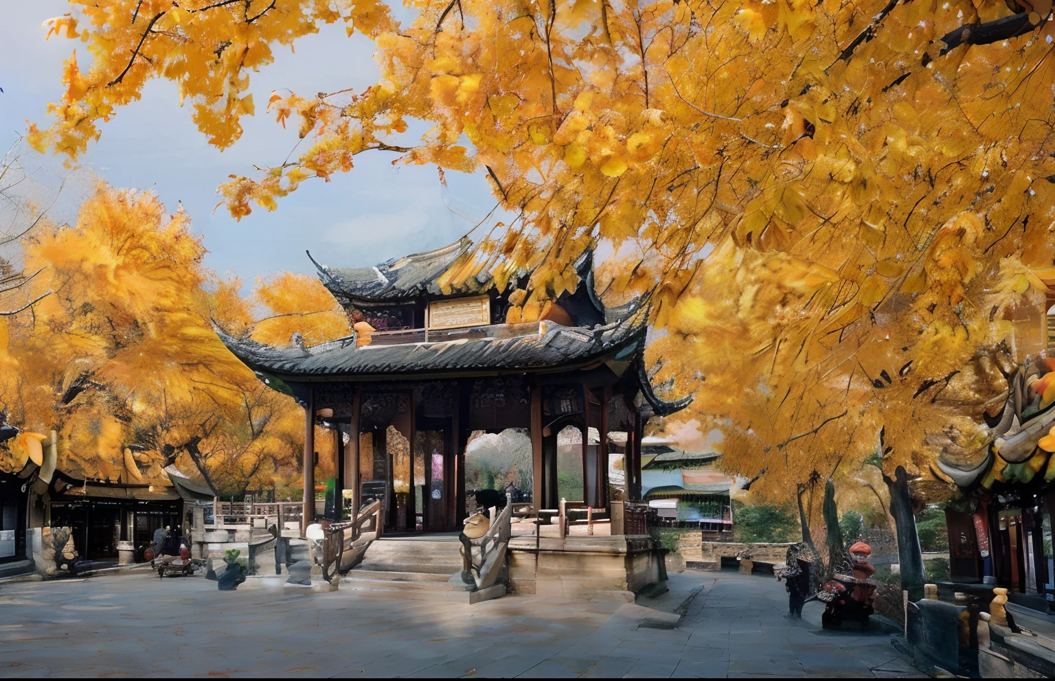 Arafi in a Chinese city with a pagoda as a backdrop, Beautiful image, Hangzhou, golden autumn, ( Visually stunning, nanquan, Chinese traditional, Chinese style, Ancient Chinese architecture, by Yang J, author：Li Zai, baotou china, hou china, Chinese architecture, during fall, author：Li Di, stunning  visuals, 🤬 🤮 💕 🎀