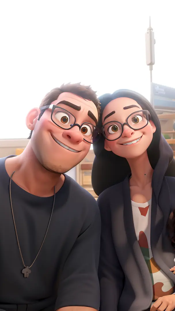 Desenho animado da Disney Pixar, Casal jovem, Black boy without beard and white girl both wearing glasses