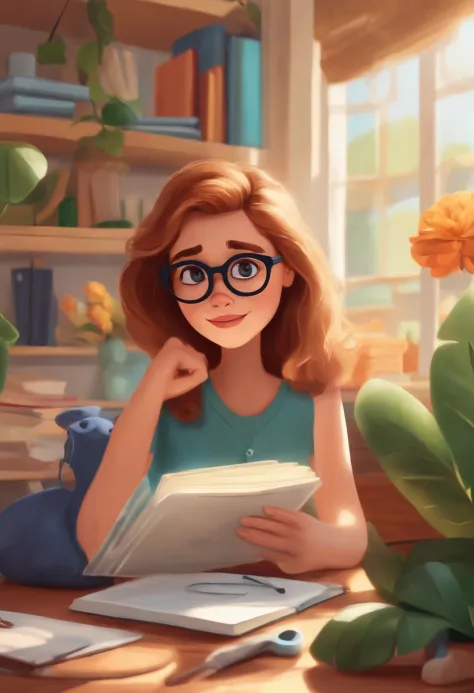 Um filme inspirado na Disney Pixar com tema do cartaz O Estante de Arquitortura, jovem 26 anos, cabelo cacheados curto, round glasses, camisa branca social, projetando no notebook