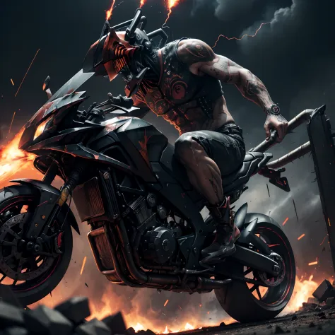 (chainsaw man),(anime style),(demonic motor),(exhaust pipes on the back),(pistons on the chest),(intense muscles),(gritty expressions),(dark and fiery background),(blazing eyes),(sharp fangs),(smoke and fumes),(dynamic pose),(highly detailed characterizati...