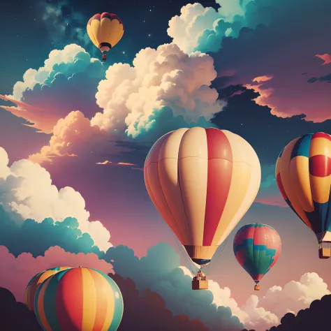 Draw a picture of the sky There are magnificent clouds in the sky  ，beautiful sky，Colorful hot air balloons float，The color is bright，prette
