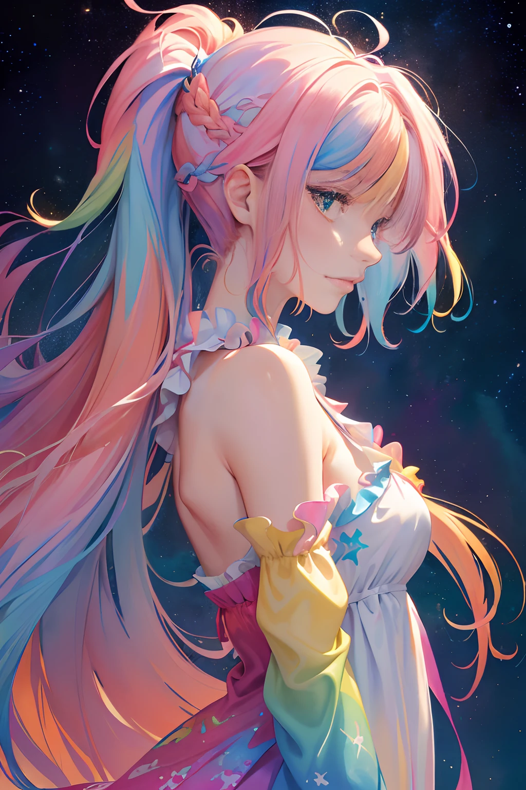 (masterpiece, top quality, best quality,watercolor (medium),official art, beautiful and aesthetic:1.2),(1girl:1.3), (fractal art:1.3),upper body, from side, looking at viewer,patterns,(rainbow color Hair,colorful hair,half blue and half pink hair:1.2),water,liquid, cloud,colorful, starry,stars,