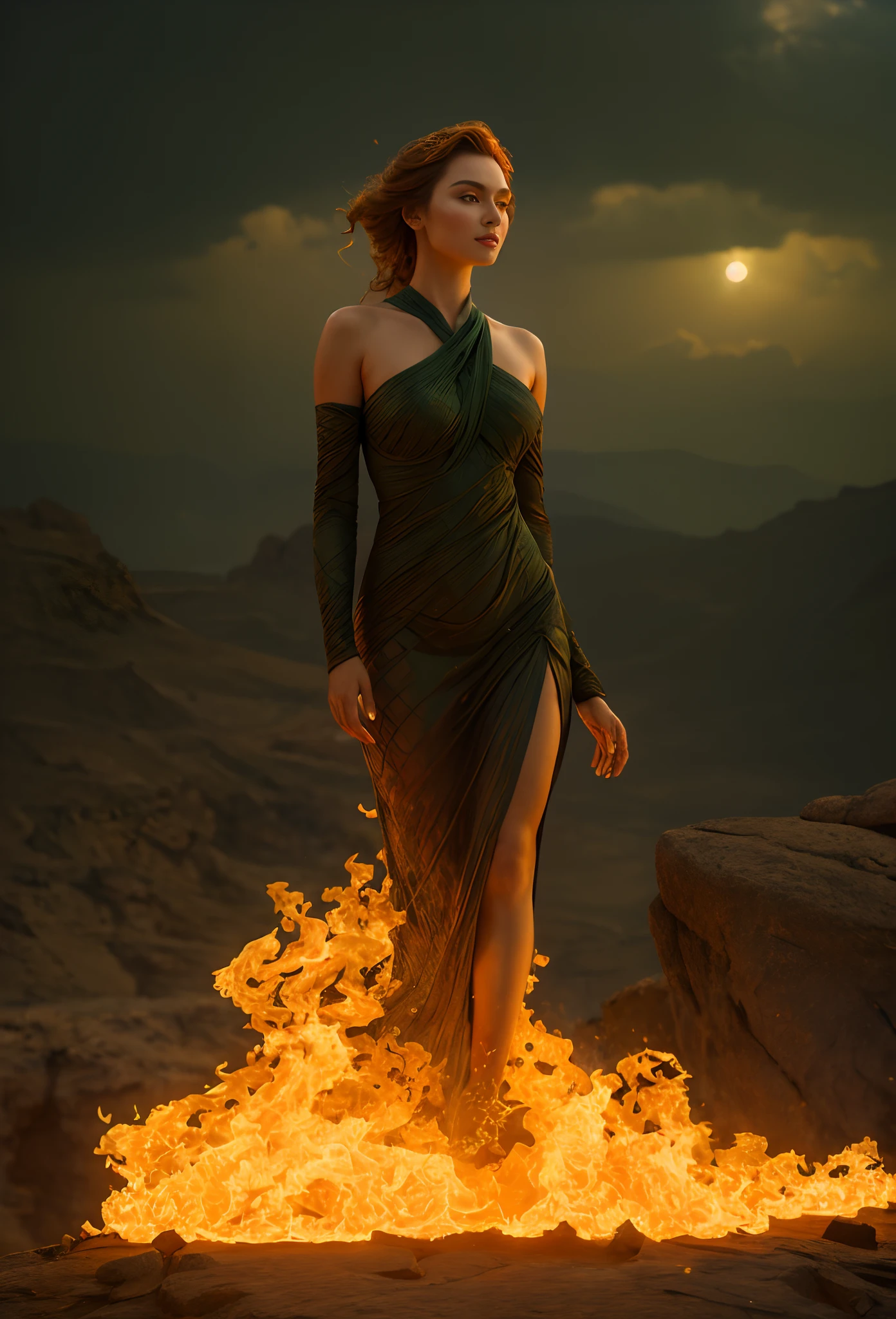 (Masterpiece, High quality, Best quality, offcial art, Beauty and aesthetics:1.2),(theelementoffire:1.4),（1 young woman：1.6）,Composed of fire elements，Highly realistic,posing elegantly,Transparency,Sci-fi lighting effects,dress,Flame,hoang lap，climaxing，，brown  hair，best qualtiy，tmasterpiece，（realisticlying：1.4），RAW photos，vibrant with colors，Flow and movement。salama，hilltop，Great giants，Sexy gesture，Barefoot，without wearing shoes，Deep background，Fantastic and incredible，Epic composition，(Complicated details，Hyper-detailing:1.2)，art  stations，（tmasterpiece，best qualtiy）surrealism, shadowing, anaglyph, stereograms, angle of view, Cinematic lighting, 8K, Super detail, ccurate, Best quality, A high resolution, Award-Awarded, Anatomically correct，correct faces，delicated face，plump，