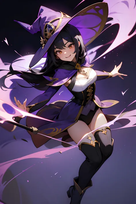 Looking for a high-quality masterpiece with Full HD 8K resolution in the 'Genshin Impact' style. The illustration must feature a beautiful flying witch riding a broom flying in the sky. The witch is elegant and enigmatic, with long black hair that flutters...