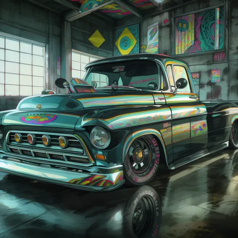 black and whithe truck ,eduardo kobra ,van gog ,romero brito ,on back, corpo largo, kodakchrome : : 8 mil, insanamente detalhado...