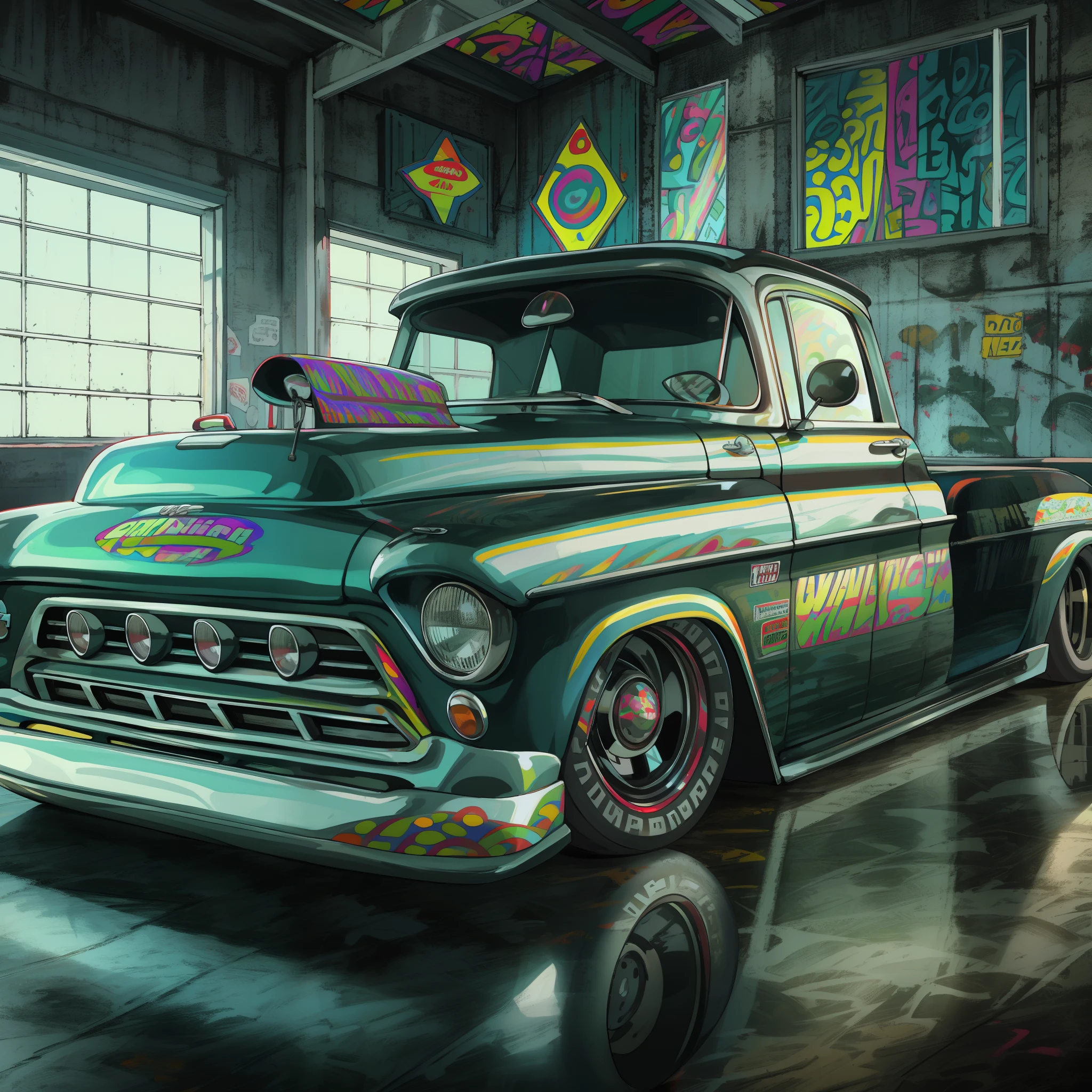 Black and whithe truck ,Eduardo kobra ,Van gog ,Romero Brito ,on back, Corpo largo, KodakChrome : : 8 mil, insanamente detalhado c 10.0, estilo lowrider, vibrante - c 10, trabalho de pintura realista, chama roxa baixa, trabalhos de pintura profissional, KodakChrome, classic chrome, papel de parede de alta qualidade, Muscle Cars, Lowriders, fundo do papel de parede ,512k e 4D arte realista