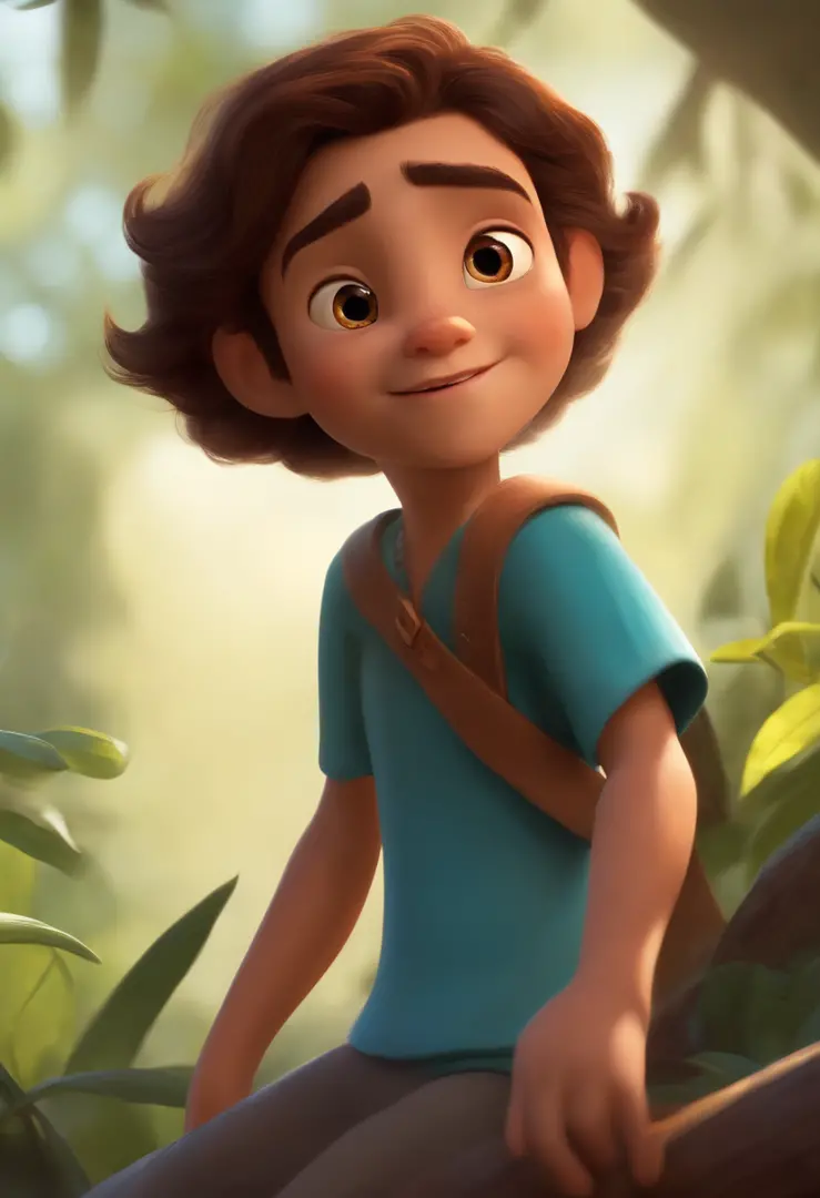 Personaje de dibujo animado estilo pixar ambientado en un mundo tipo avatar, el personaje tiene que ser alto 1.90m skinny eyes and brown hair , este personaje tiene que mostrarse en una pose de combate