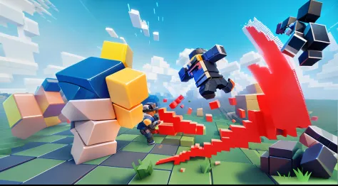 There are two people playing with guns and blocks, Blocky, Sharp and blocky shape, Brock Tober, pc screenshot, intense battles, 3 d game, virtual reality game, blocky shape, Intense combat, side scroller game, action scene screenshot, 2 d game, videogame s...