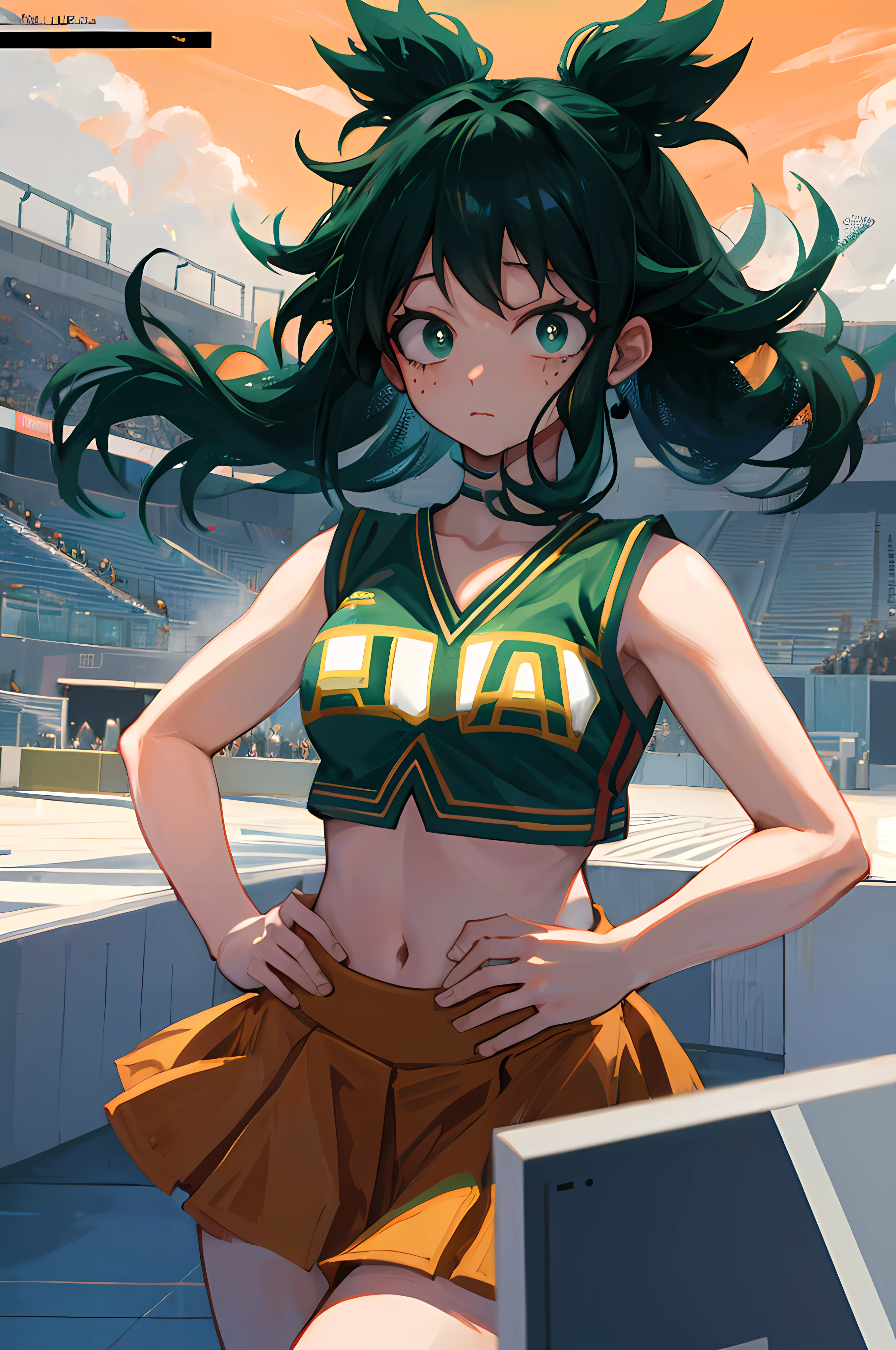 1 girl, Izuku Midoriya girl, femeale version, genderswap, U.A. CheerUniform, pom pom \(cheerleading\), holding pom pom, orange crop top, orange skirt, standing, looking at the viewer, nervous face, full body, stadium backdrop, green long hair, feminine features, feminine body, fine eyes, feminine lips, delicate nails, bright illumination, cinematic illumination