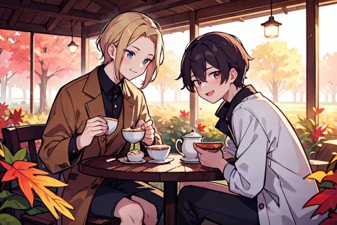 {{masutepiece, Best Quality, extremely details CG, Unity 8k壁纸, Cinematic lighting}}, (2man),gay male relationship, 20 years old man,In a large field of autumn leafs, there is a table to open a tea party, there is two male drinking tea ,smiling,looking at a...