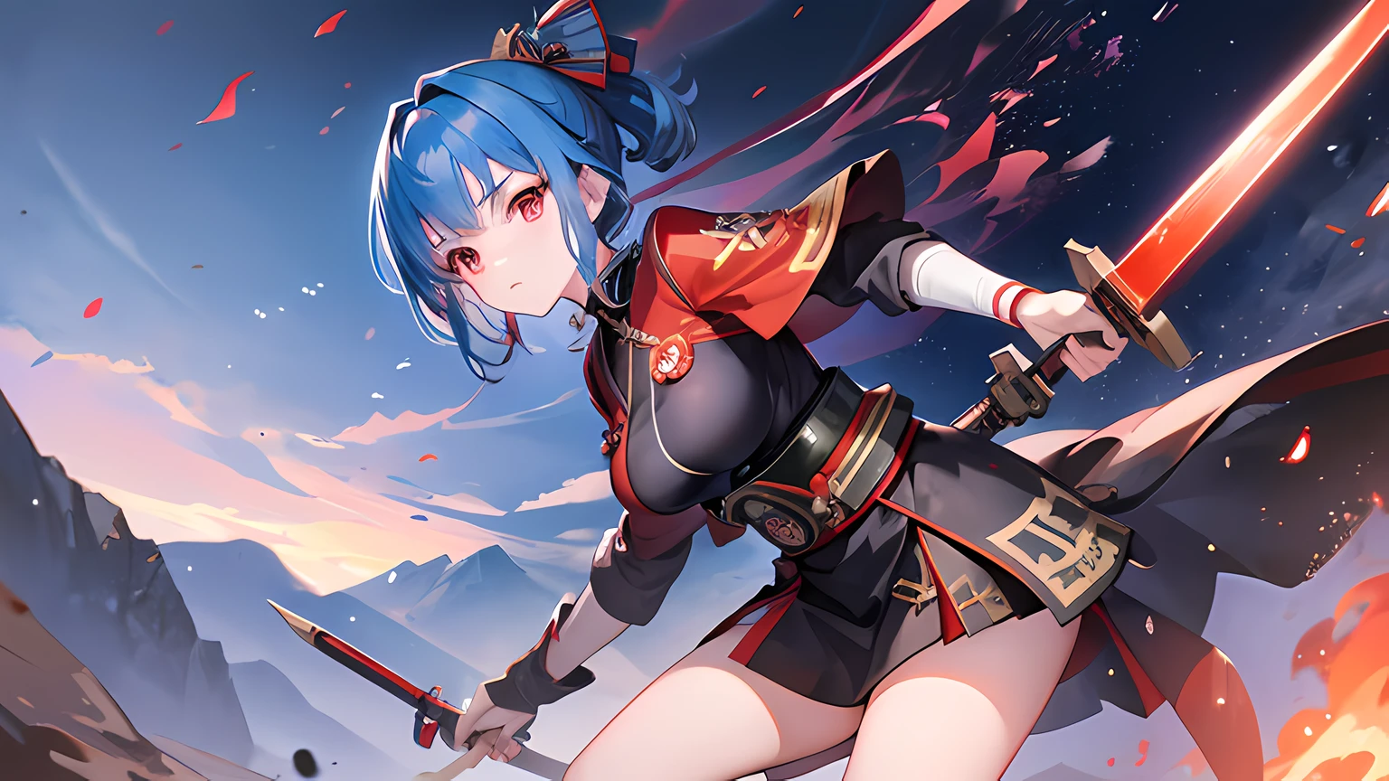 uma menina segurando uma espada flamejante, cor de cabelo azul, usando uniformes do Exército Imperial Japonês, após a batalha no campo de batalha, olhando para a câmera, cor dos olhos vermelhos, Estilo anime de alta qualidade, Rastreamento de raio, animação estilo ufotable