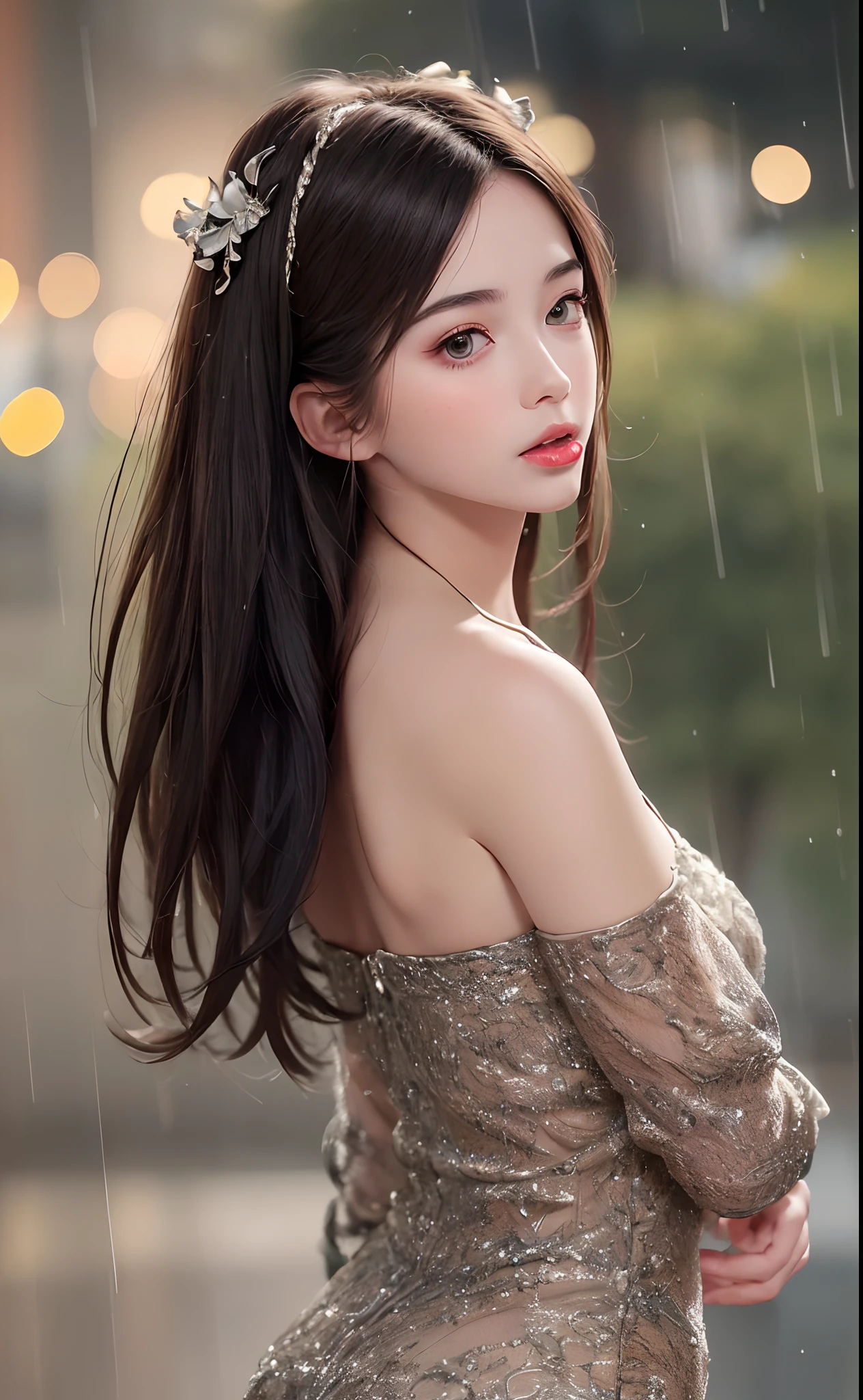 ((best qualtiy, 8K, tmasterpiece:1.3)), Focus:1.2, Perfect figure beautiful woman:1.4, cocked ass:1.2, ((Cut hair in layers)), (wet wear:1.1) , (Rain, Street:1.3), (shift dresses:1.2)，Highly detailed facial and skin texture, A detailed eye, 二重まぶた，Whiten skin，Long whit hair,(Keep one's mouth shut:1.5)，cropped shoulders，Shoulder close-up，(Bokeh background:1.5)，（Sex in dreams），(full body Esbian），（butt to camera，upturned ass:1.4）,