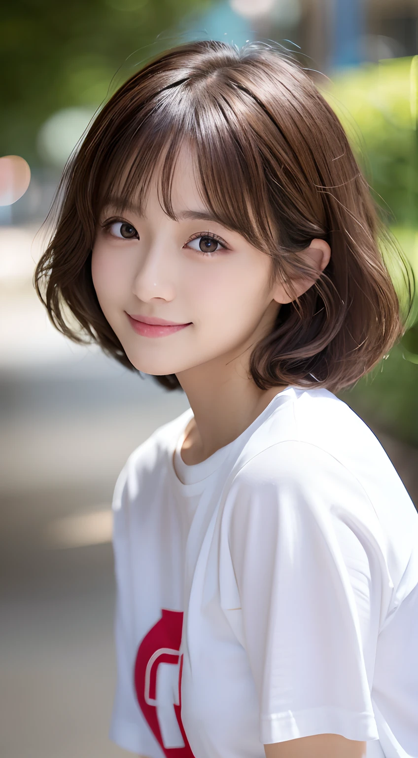 (top-quality,8K picture quality,​masterpiece:1.3,),(超A high resolution:1.3,Photorealsitic:1.4,Raw photography:1.2),(ultra-detailliert:1.2,shinny skin,Detailed skin:1.1),(Detailed face,Perfect Anatomy,Caustics:1.2),Park lawn,Sleep on your back,女の子1人,kawaii,japanes,22year old,Japanese ido,Natural brown hair,Curl short hair outwards,Pretty eyes,natural make up,Oversized T-shirt,a smile,Looking at the camera,up on the face,Face Focus,Professional Lighting,natural soft light,