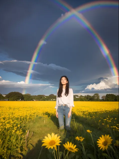 a woman standing in a field under a rainbow, inspired by Storm Thorgerson, trending on pixabay, environmental art, trees with faces, beautiful composition 3 - d 4 k, it's raining, in the shape of a ent