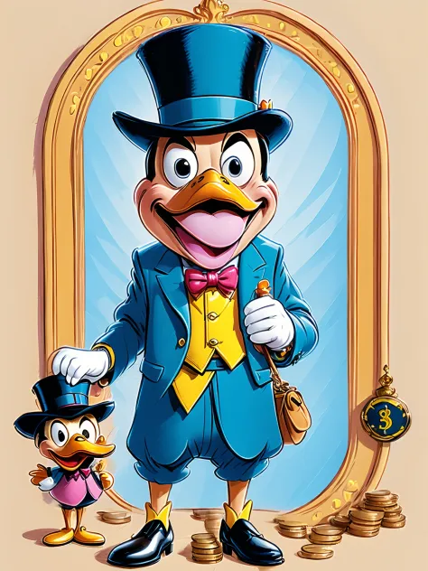 a drawing of a cartoon duck with a top hat and a bag of money, inspired by Carl Barks, donald duck, inspired by Jacob Duck, by Randy Vargas, by Jacob Duck, high quality colored sketch, by Eddie Mendoza, drawn in the style of mark arian, dan decarlo art sty...