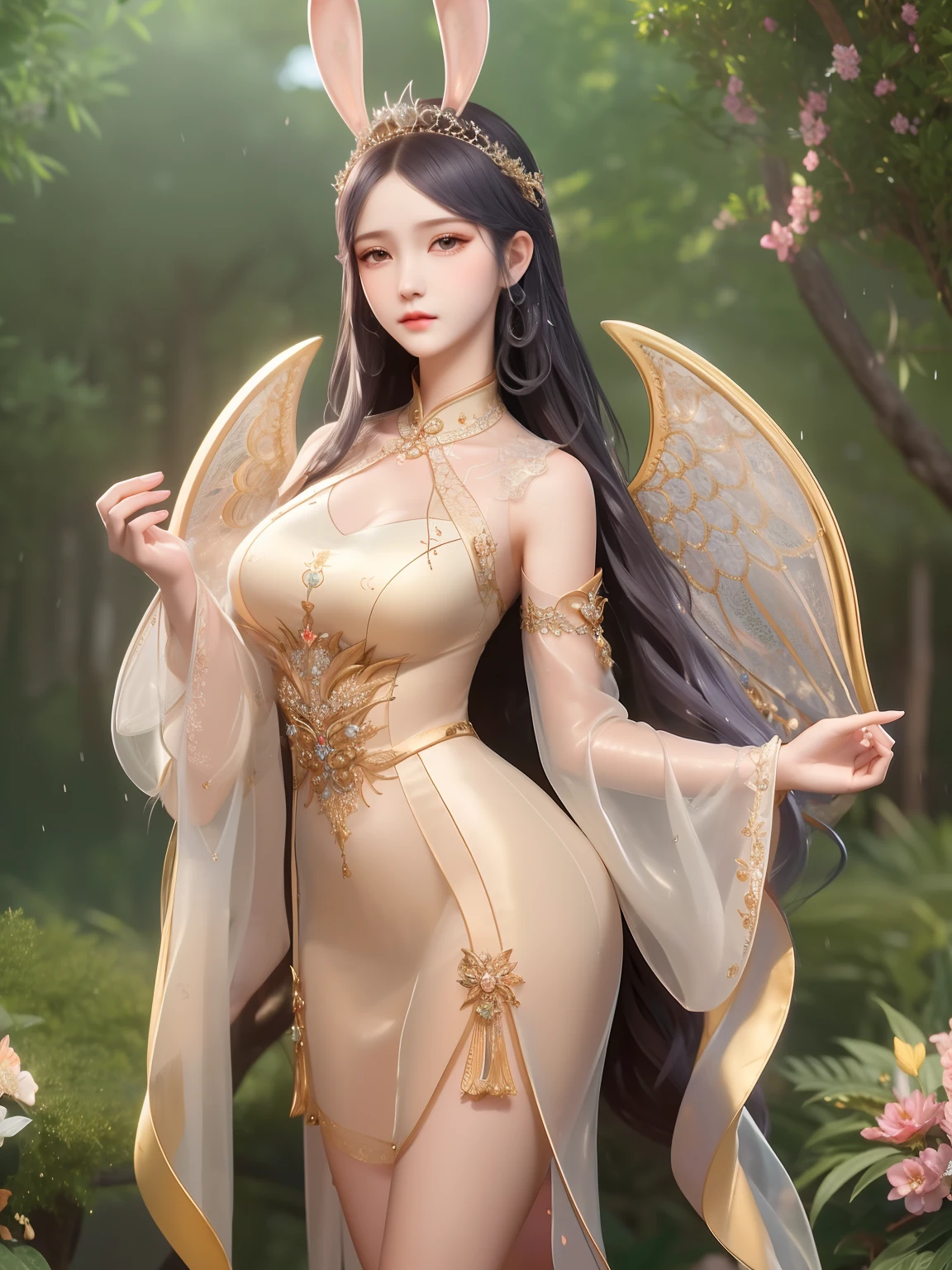 1girl, woman of the Renaissance,very bright light, pouting,jwy1,((see-through)), {beautiful and detailed eyes}, ((hands behind back)),sumptuous jewel, tiara, wet, rainy forest, 18 yo,(angel_wings),CHIBI,1 girl,wonyounglorashy,rabbit ears,long dress,long hair, hair