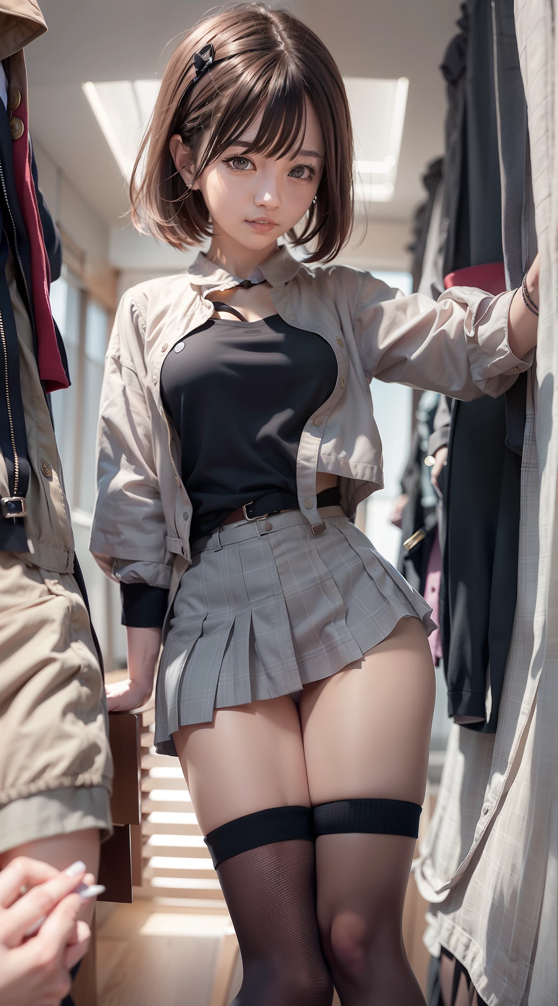 there is a woman in a skirt and shirt posing for a picture, Surrealism female students, Surrealism female students, thighhighs and skirt, Kantai collection style, Japanese school uniform, Realistic schoolgirl, wearing skirt and high socks, female student, cute female student, of a schoolgirl posing, ecchi style, Anime girl cosplay, dressed as schoolgirl