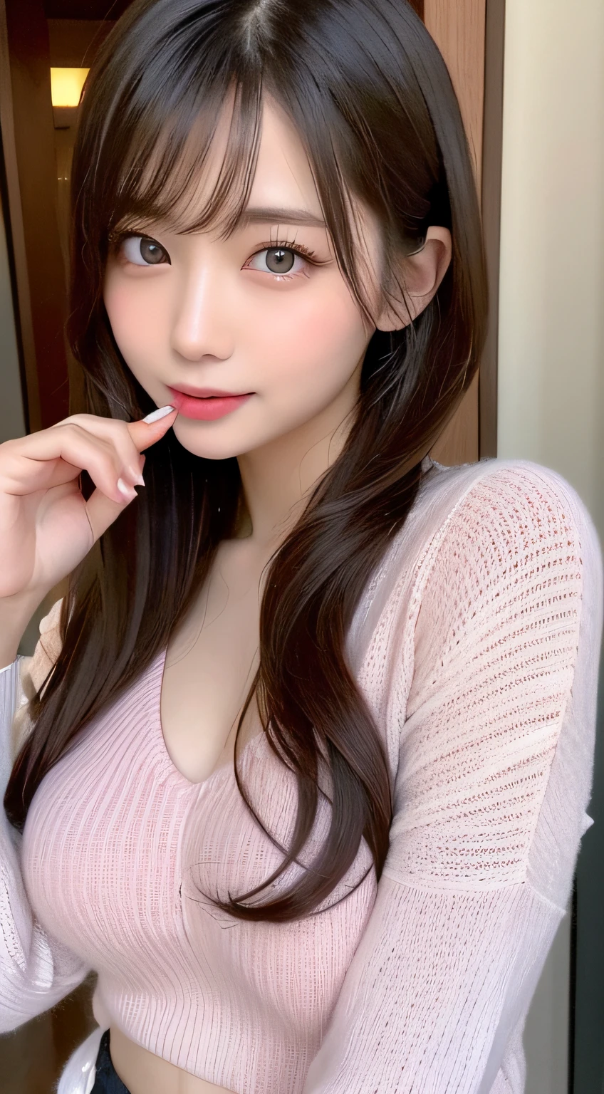 A close up of a woman with long hair wearing a pink sweater - SeaArt AI