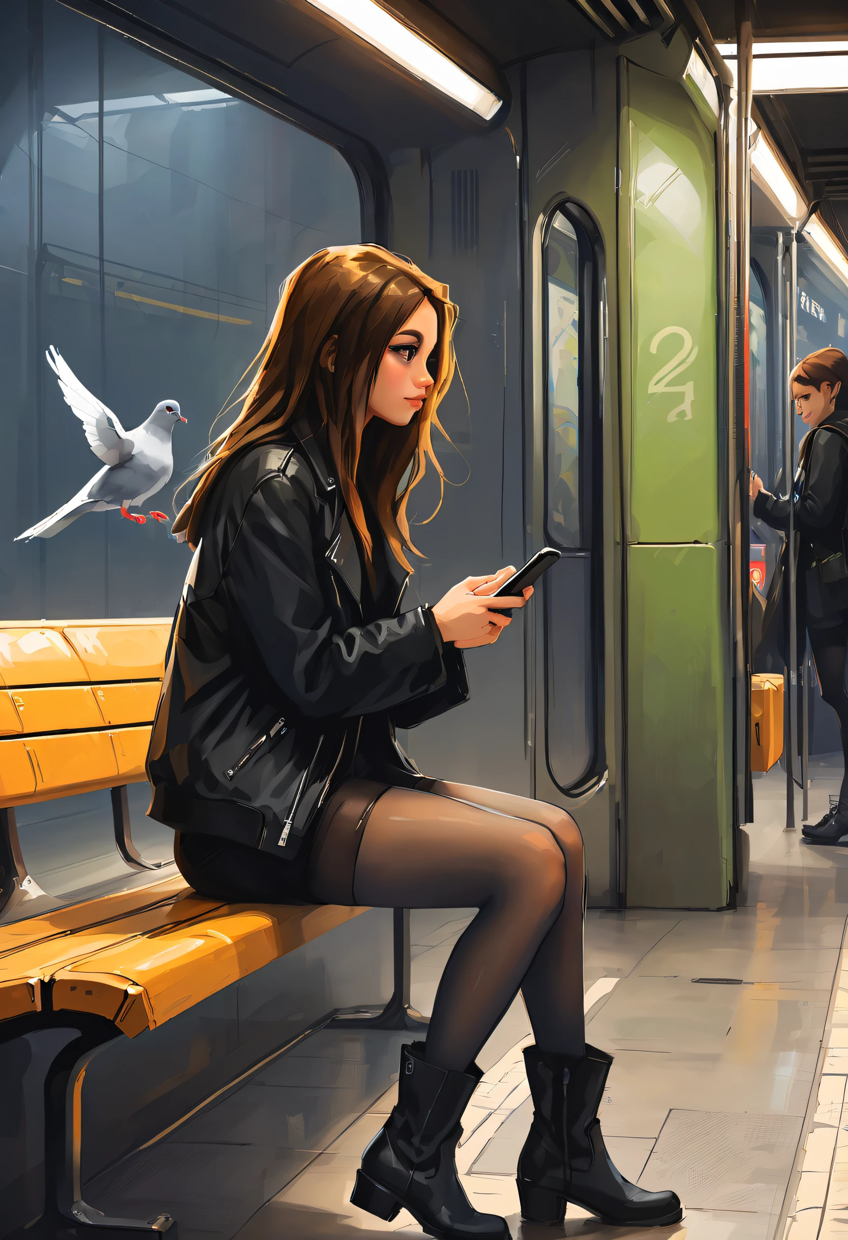 一個穿著黑色夾克的漂亮女孩, 檢查她的手機, 連褲襪, 高筒靴, 短褲, 坐在地鐵站的長椅上, 人造燈, 與一隻鴿子, 完美的, 从左边开始, 轮廓, 傑作, 最好的品質, 風格 (桑多埃薩茨:1.2)