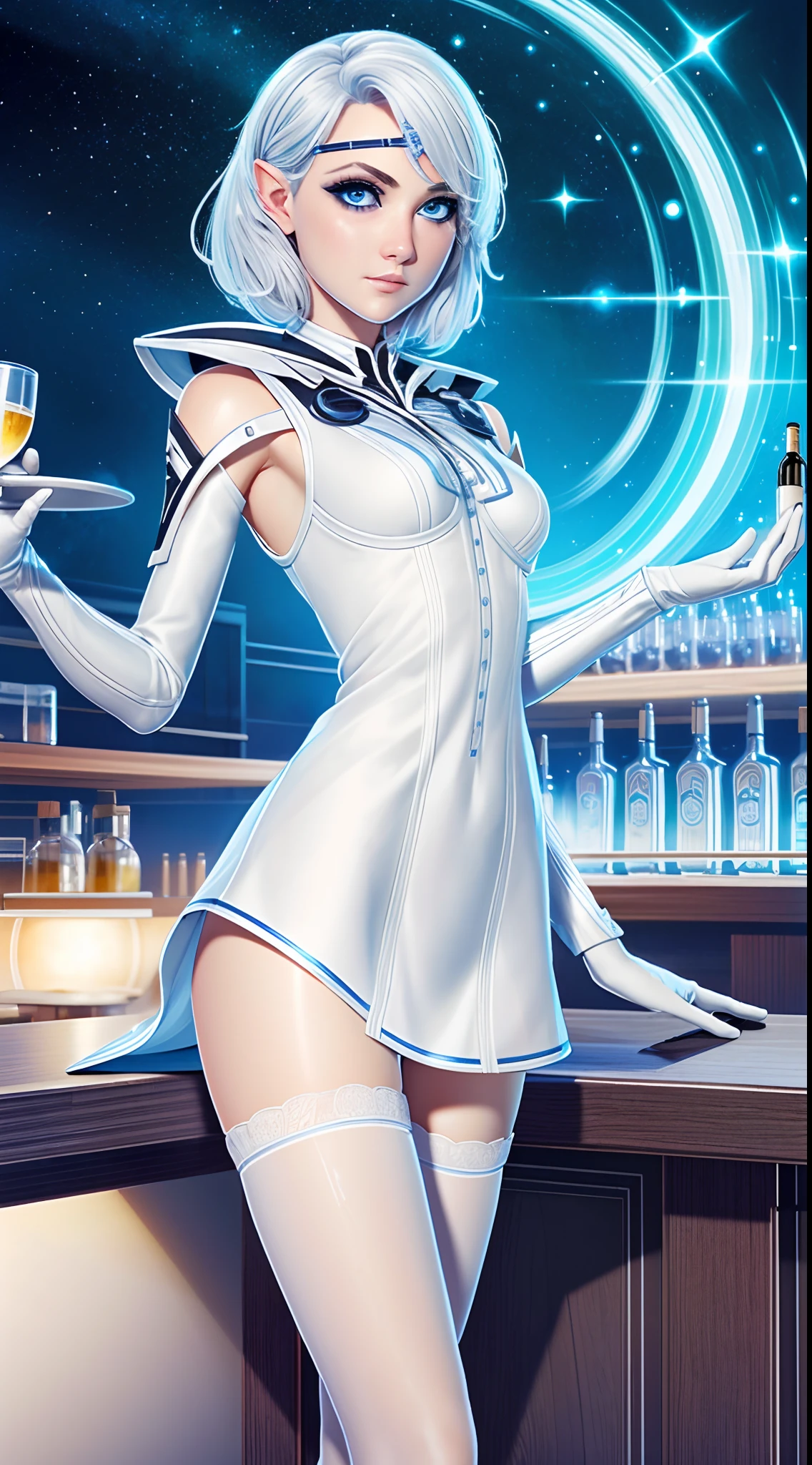 (masterpiece, best quality:1.3), BGIsobel, 1girl, short hair, blue eyes, pointy ears, drinking cocktails at the night bar, white sexy short dress, (black pantyhose), very coherent symmetrical artwork, by Range Murata, artgerm, digital illustration, beautiful