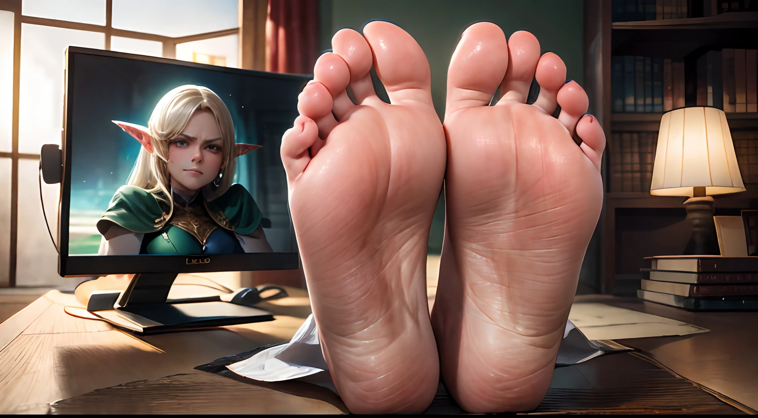 (Best quality,4K,A high resolution,Masterpiece:1.2),Ultra-detailed,professional,A high resolution,Studio lighting,Photorealistic,Portrait,illustration,aquarelle,There is a picture of a woman on the screen，A woman's feet on a table，Beautiful detailed eyes,Long eyelashes,beautiful detailed lips,Extremely detailed eyes and face，elvish ears, and ,Artistically,anime big breast,A haughty expression,Narrowed eyes,Contemptuous,mocking smile,looking down at you,Close-up of feet facing the screen,Expose the soles of your feet,furrowed brows,Porcelain skin,disdain,Staring at the screen in disgust.scowling