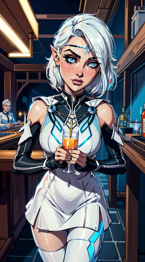 (masterpiece, best quality:1.3), bgisobel, 1girl, short hair, blue eyes, pointy ears, drinking cocktails at the night bar, white...