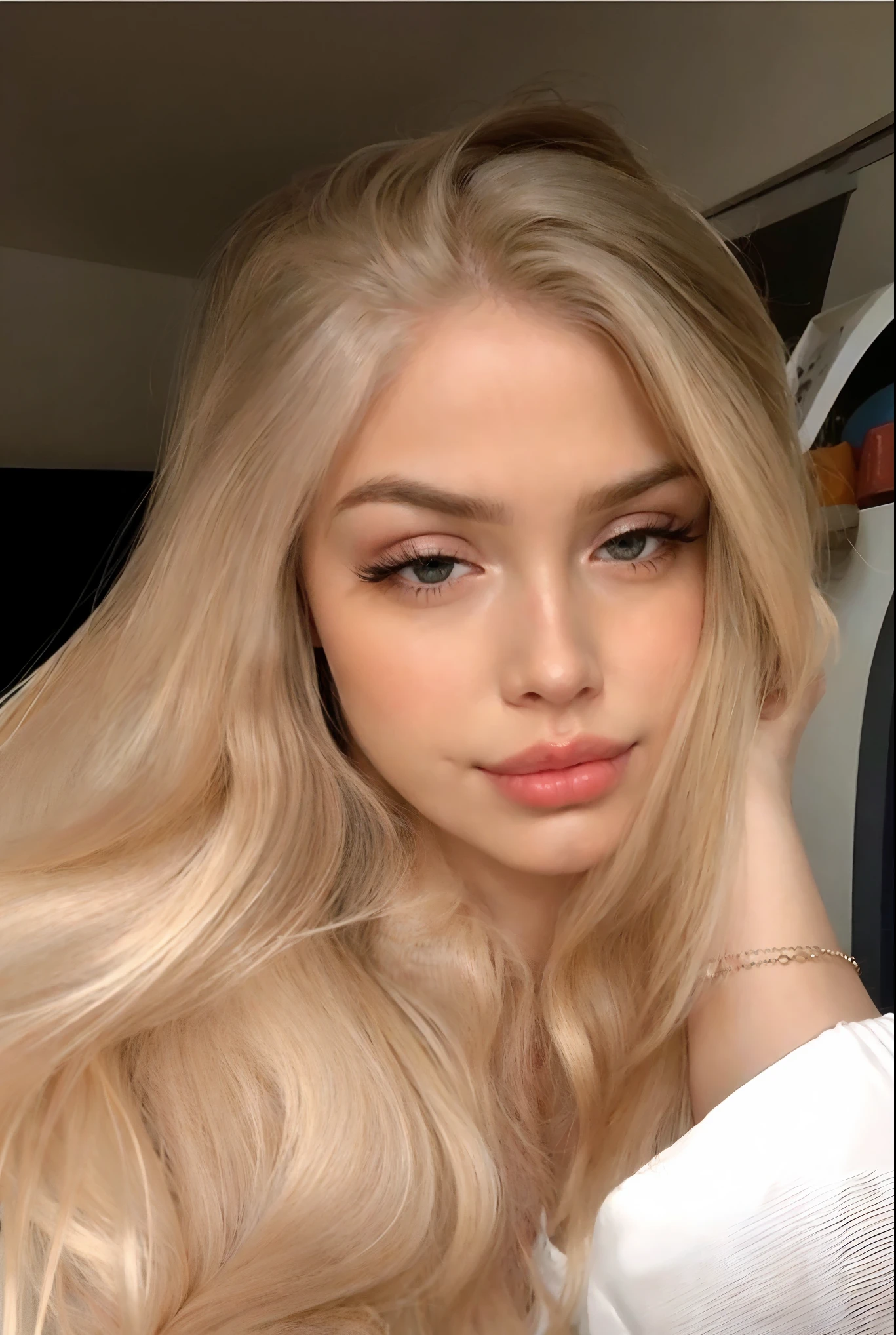 Blonde woman with long hair and a white shirt posing for a selfie - SeaArt  AI