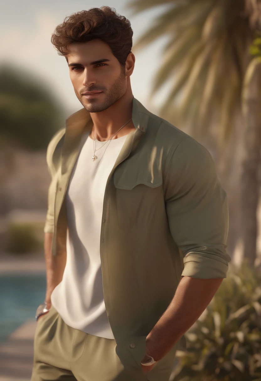 Cinematic soft lighting illuminates an incredibly detailed and ultra-realistic Middle Eastern male supermodel, olhar para a praia, Ultra short messy light brown hair, olhos verdes claros, sorriso perfeito cativante, sensual, Homem quente, insanamente bonito, that is trending on ArtStation. Octane is the perfect tool to capture the softest details of this 16k photography masterpiece.