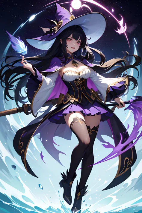 Looking for a high-quality masterpiece with Full HD 8K resolution in the 'Genshin Impact' style. The illustration must feature a beautiful flying witch riding a big broom flying in the sky. The witch is elegant and enigmatic, with long black hair that flut...