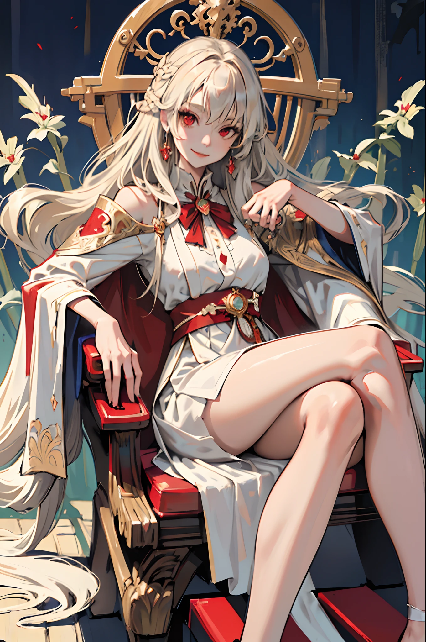 (masutepiece, Best Quality),  1girl in, Solo, (Her Majesty:1.15), platinum-blonde, Long hair, (red cape), drapes, White Dress, queen dress, Aurora, (Sunshine, skyporn, River, forest), deadpan, Red Eyes, Very long hair, (Art Nouveau:1.2), Alphonse Mucha, tiarra, (Face Focus, Upper body), sit, (red throne:1.12), tiarra, cross one's legs, highly intricate detail, Realistic light, Smile