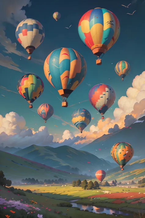 Detail elements：Colorful hot air balloons、Fluttering clouds、mountains in the distant、Soaring birds、Flowers in the breeze、Little kite、Sun-drenched meadows、Splendid rainbow