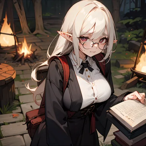 writing with quill in book, vampire girl, glasses, backpack, traveler, outside, campfire, large fangs, frown, pointy ears, tired...