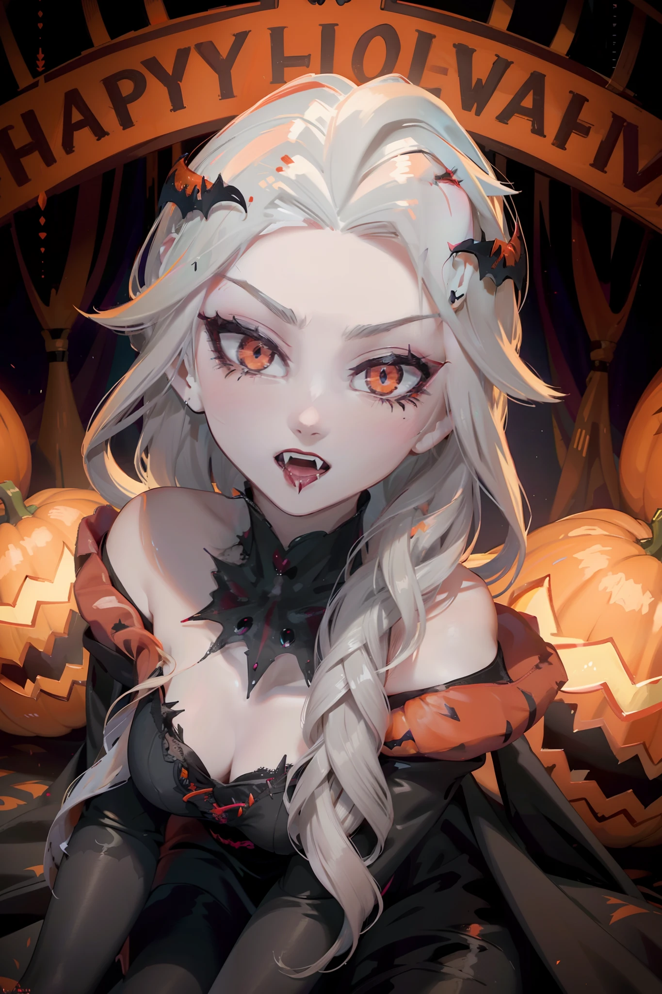 Эльза на Хэллоуине, костюм вампира, клыки вампира, сексуальный, Хэллоуин, Хэллоуин background, black and orange background Хэллоуин pumpkins, красивый, смотрю на зрителя