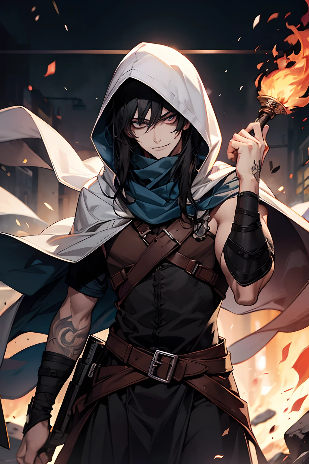 male, adult,medium long length hair with bangs, black hair, blue-grey eyes, beautiful, rogue, wielding fire magic, tattoos, bare arms , hooded scarf, medieval, crazy smirk