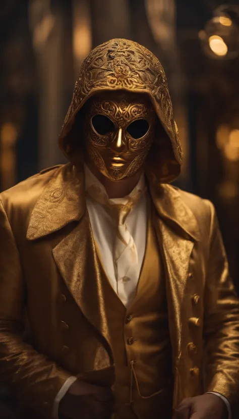 Create a role for your YouTube channel, mystical , Looks like a detective in a golden mask, social clothes
