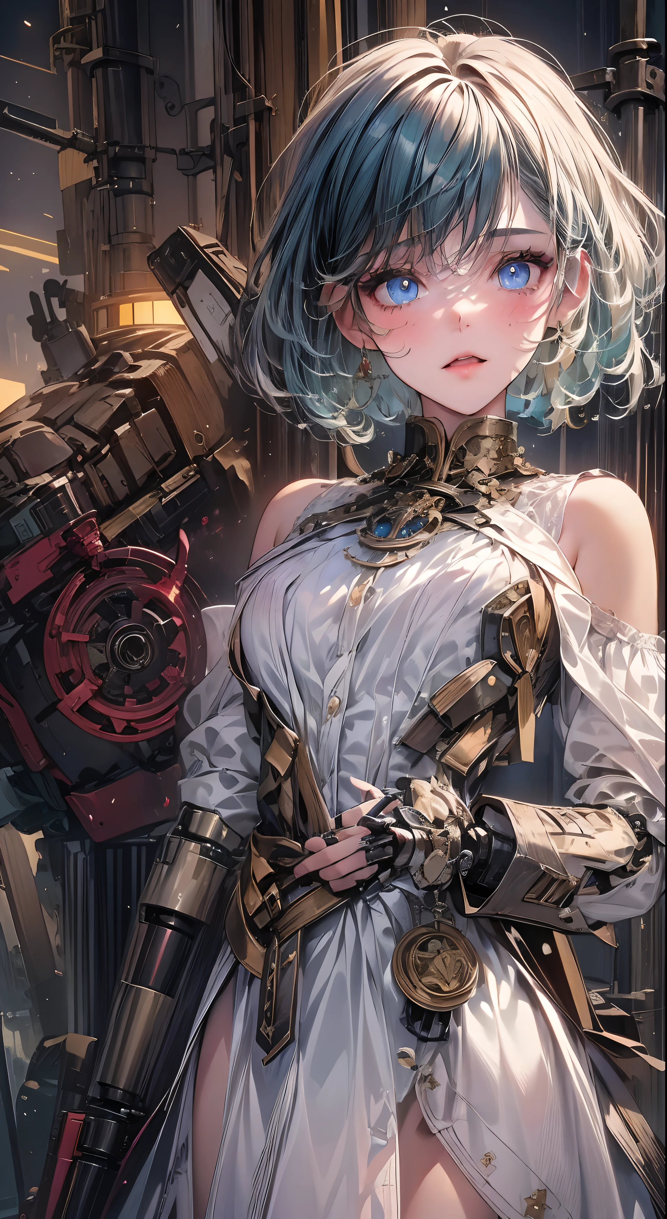 Anime girl aux cheveux bleus et un pistolet à la main - SeaArt AI