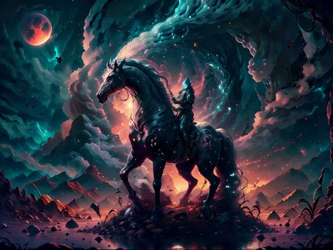 A tiny figure rides, A Galvian stead, ((an alien horse-like creature with extreme long nose, ridge disks and gills, a flowing white tail)), A beautiful creature is seated upon the mount, beautiful flowing garments, a uniform of alien elegance an wear, lust...