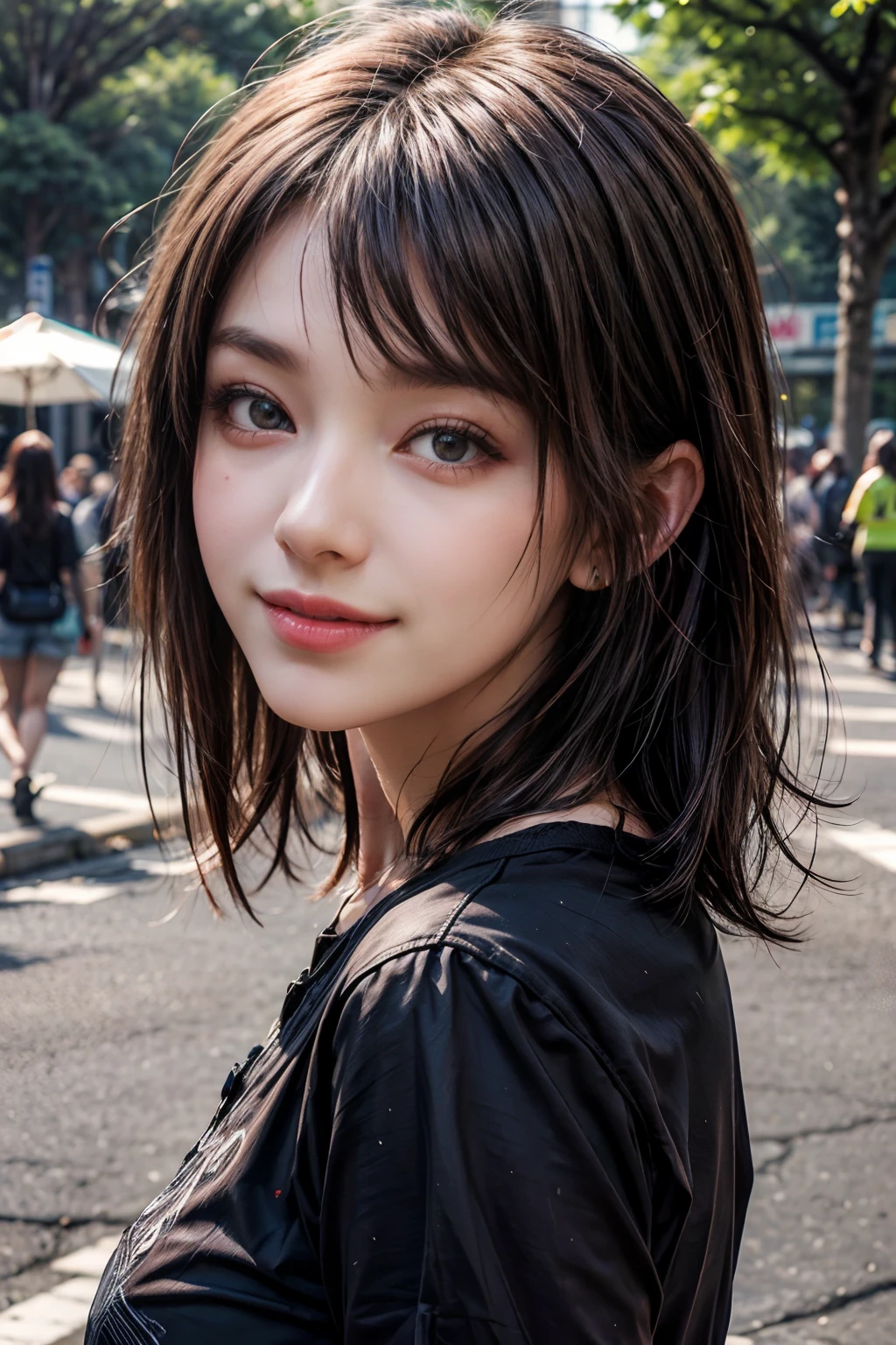 Very detailed eyes, very detailed face, bestquality ,masterpiece, Very detailed, ultra-detail, (Realistic, photo-realistic:1.3), smile, (facing front), looking at the audience, Black Shirt, sunny day, outdoor, 1 Upper Girl, Dark chocolate hair dye, Bob Style