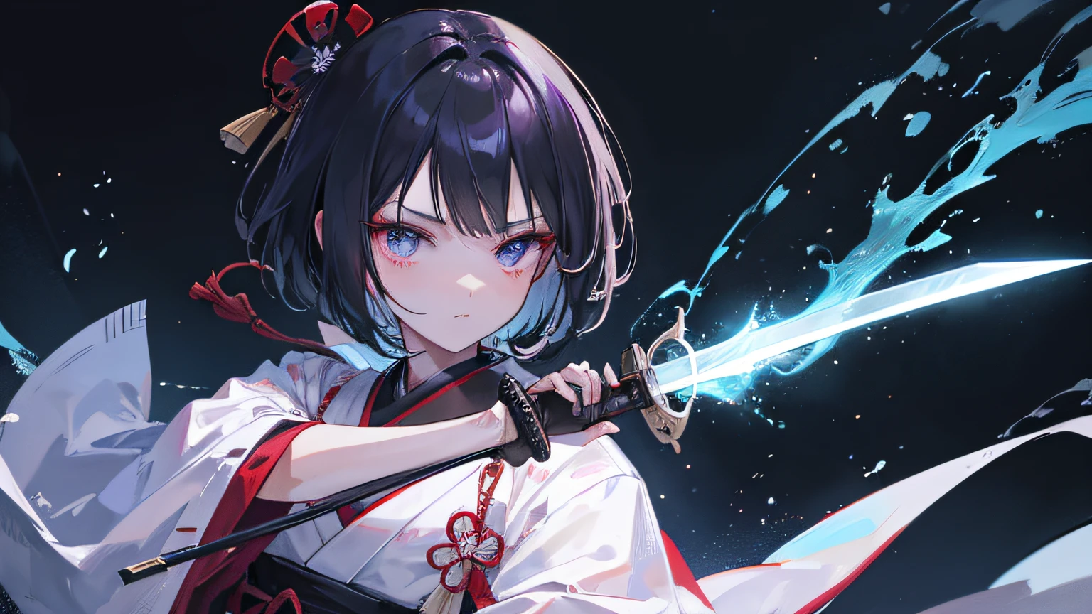 a Japan samurai, short black hair. he is a righteous samurai who fight evil. he wear white and black kimono. he hold a sword with flames coming out from his sword. the background is in the forest. Masterpiece, high-resolution, detailed eyes, purple eye color. The background is a swirling blue flame in Katsushika Hokusai style. ray tracing, dynamic lighting.