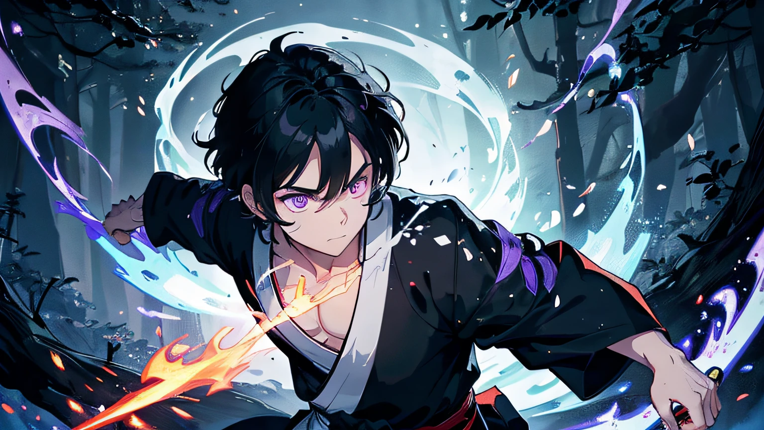 un chico con pelo negro. él es un samurái justo que lucha contra el mal.. Lleva un kimono blanco y negro.. Él sostiene una espada con llamas saliendo de su espada.. El fondo está en el bosque.. Obra maestra, alta resolución, ojos detallados, color de ojos morado. El fondo es una llama azul arremolinada al estilo Katsushika Hokusai.. trazado de rayos, iluminación dinámica.