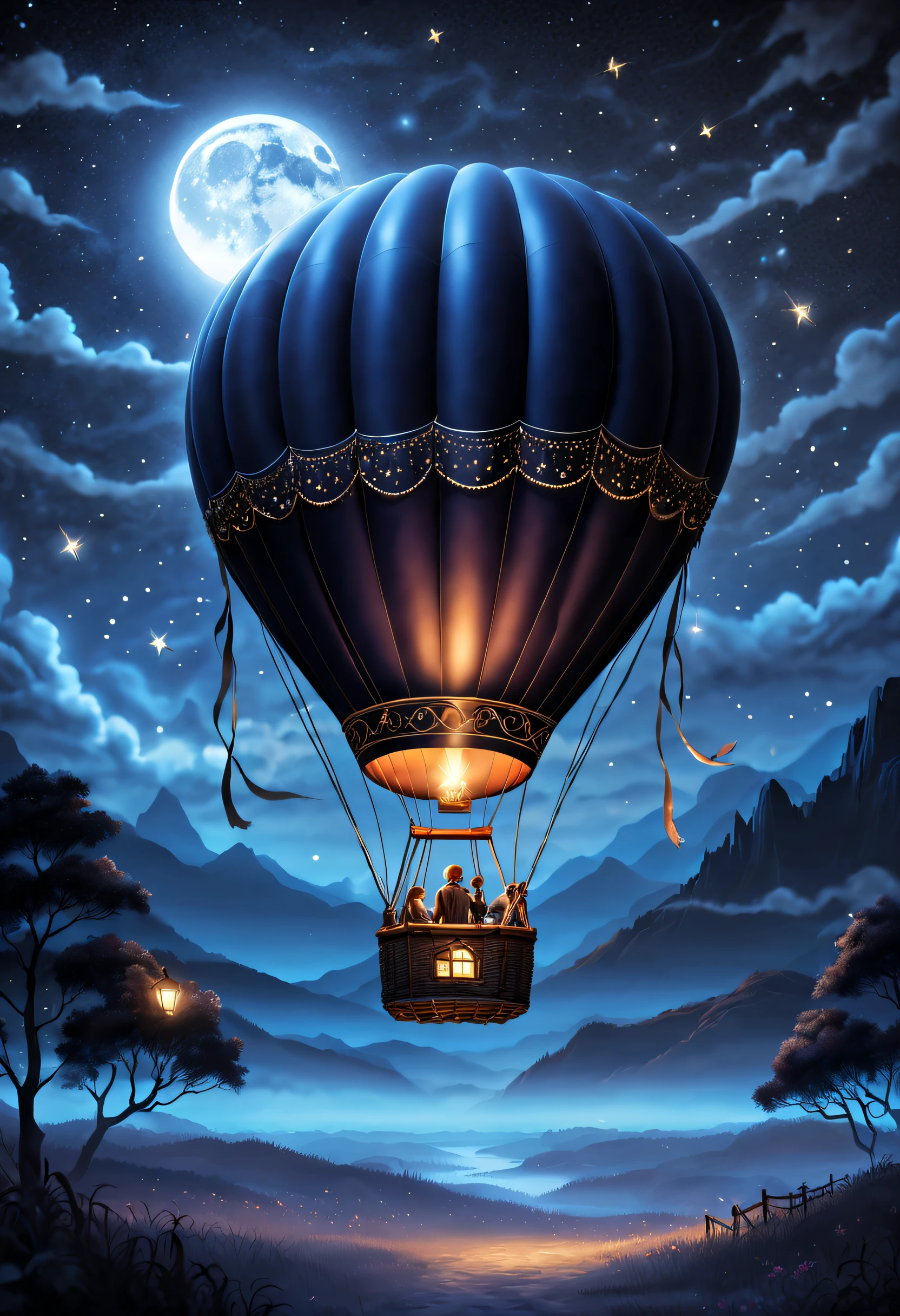 (a hot air balloon gently rises beneath a starry sky, a radiant moon and twinkling stars illuminate the entire scene, creating a mysterious and romantic atmosphere, the artwork utilizes a dark color palette and strong contrast to create striking light and shadow effects, the surface of the hot air balloon is adorned with shimmering details, adding a touch of elegance to the entire composition, best quality,ultra-detailed,realistic:1.37,moonlit,night scene,glowing stars,soft moonlight,subtle shadows,dimly lit foreground,hints of moonlight on the horizon,dark hues,contrasting light and dark,starlight reflections,glittering embellishments)