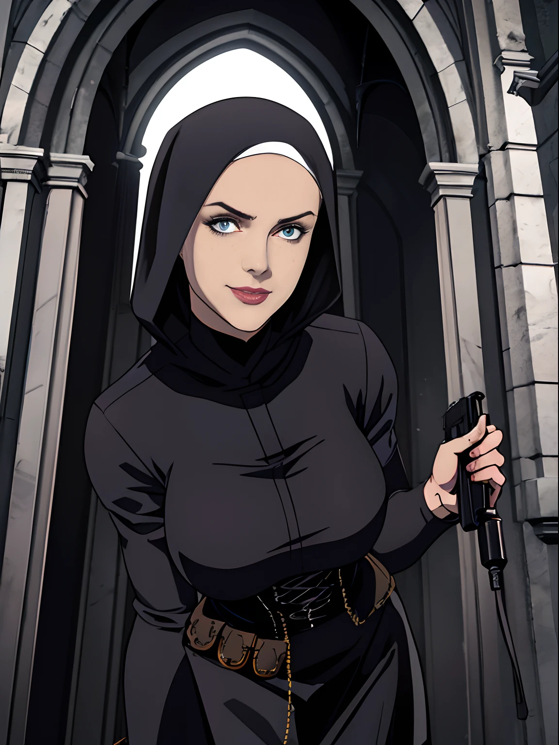 (masterpiece, top quality, best quality, official art, beautiful and aesthetic:1.2), (1girl:1.3), light freckles, fair skin, extremely detailed, portrait, looking at viewer, solo, (full body:0.6), detailed background, close up, (dark gothic theme:1.1), nun with guns, charlatan, smirk, mysterious, swaggering through cathedral, modest attire, black habit, cowl, nun hood, wimple, thigh-high boots, corset, leather straps, ammunition pouches, long boots, submachineguns, SMGs, MP5s, thigh pouches, holsters, garters, gigantic breasts, slim waist, slim hips, long legs, modern (cathedral exterior:1.1) background, dark mysterious lighting, shadows, magical atmosphere, dutch angle,