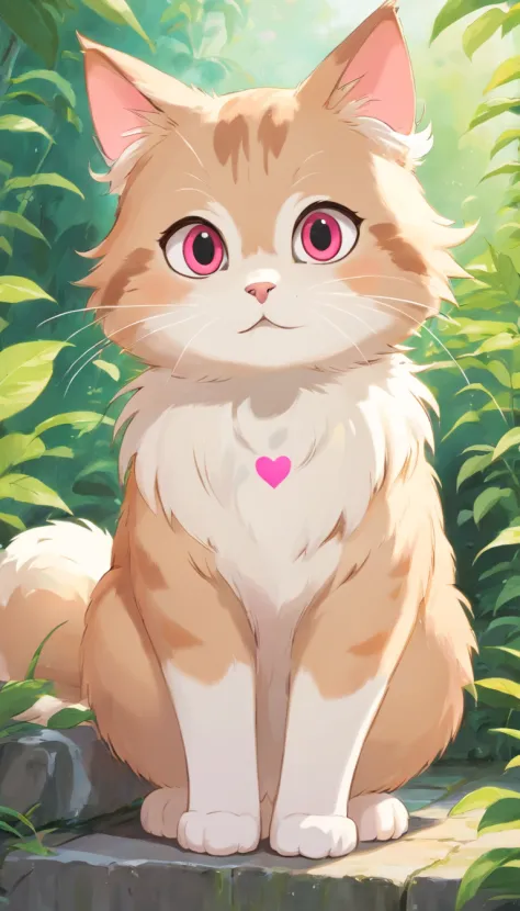 a cute little cat、Big eyes，It's a bit of a hang、white colors、Thick fur、background is simple，There is only one color、A pink heart is painted on the cheek、Laughing