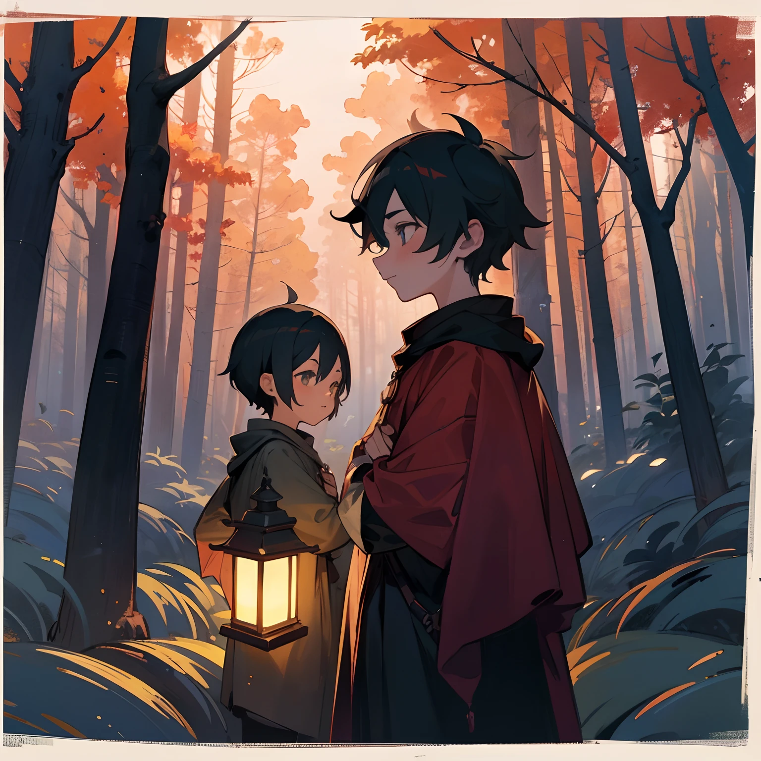 2 boys, facing the camera, lantern, teenage boy and child, medieval, autumn forest, slight size difference, cute, children, drab colors, travelers, spooky, night time, moominvalley