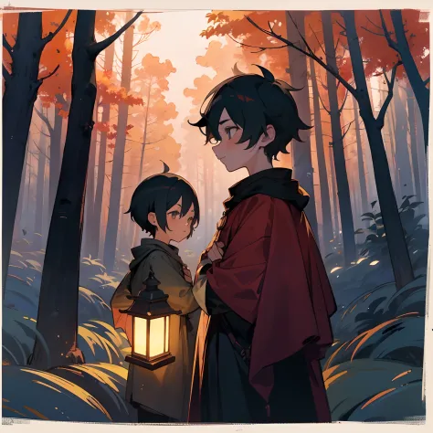 2 boys, facing the camera, lantern, teenage boy and child, medieval, autumn forest, slight size difference, cute, children, drab...